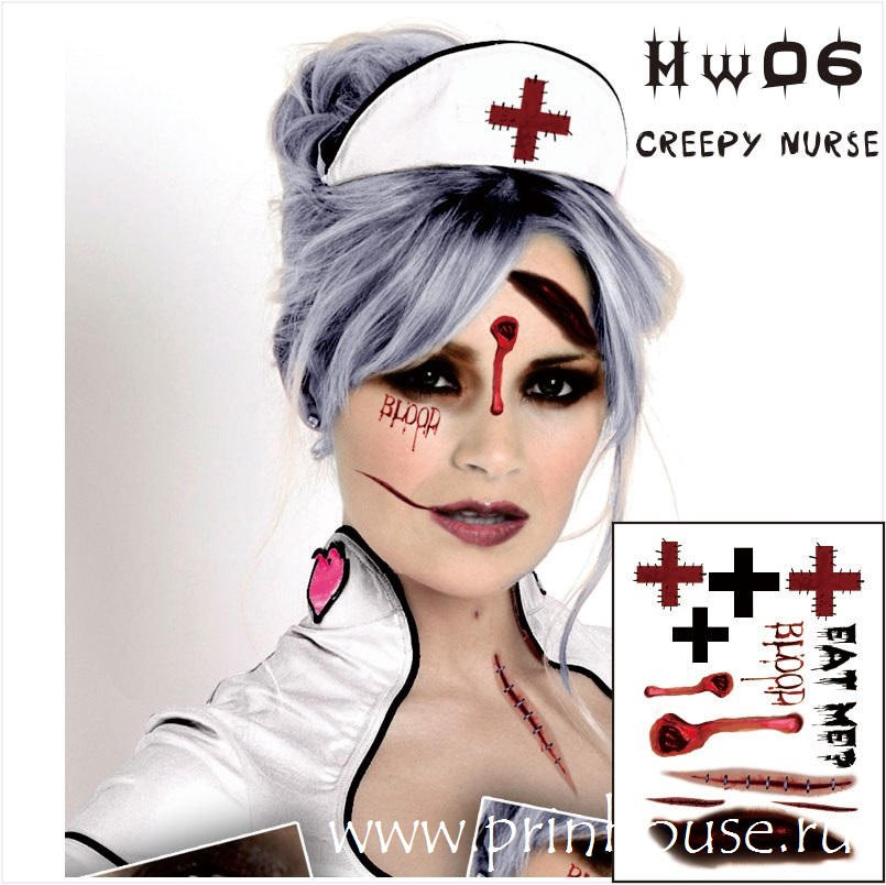 Водостойкие временные татуировки Creepy Nurse на карнавальный грим