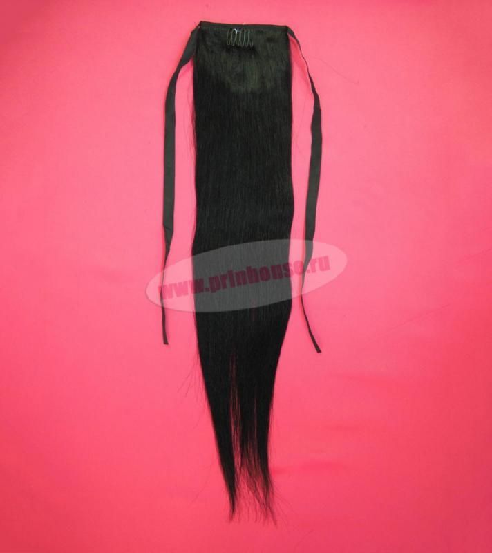Фото Накладной хвост из натуральных волос на ленте 55cм цвет №1 черный - магазин  "Домик Принцессы"