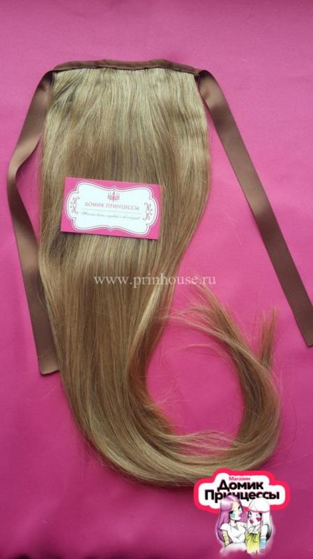 Фото Накладной хвост из натуральных волос на ленте 60cм цвет №18/613 микс карамельный блонд - магазин  "Домик Принцессы"