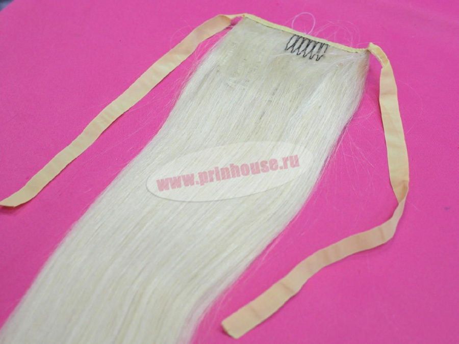 Фото Накладной хвост из натуральных волос на ленте 55cм цвет №60 светлый блонд - магазин  "Домик Принцессы"