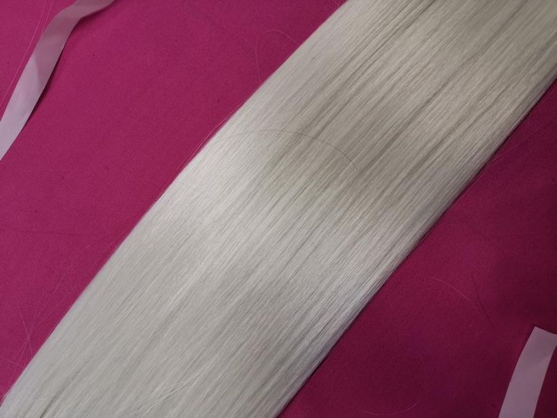 Фото Накладной хвост искусственный на ленте 50см цвет 613АО белоснежный блонд - магазин  "Домик Принцессы"