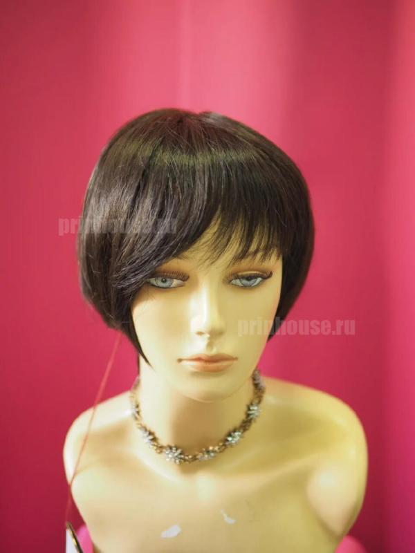 Фото Парик из натуральных волос на сетке короткая стрижка ассиметричное каре цвет 2 темный шоколад - магазин  "Домик Принцессы"