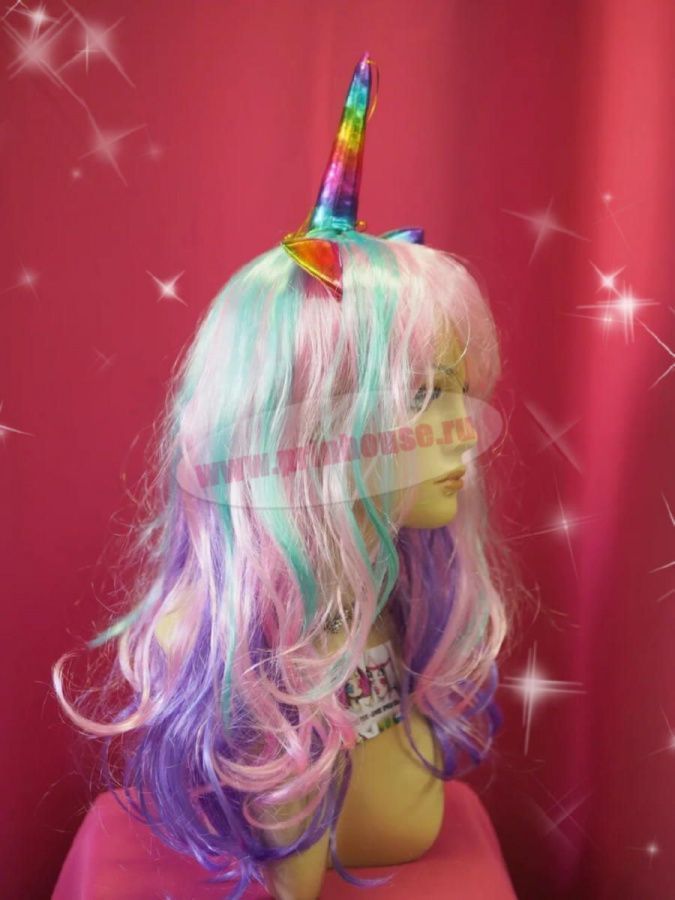 Фото Карнавальный парик разноцветный яркий Единорог - магазин  "Домик Принцессы"