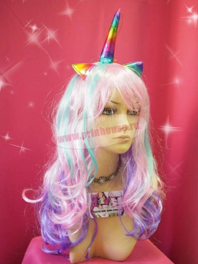 Фото Карнавальный парик разноцветный яркий Единорог - магазин  "Домик Принцессы"