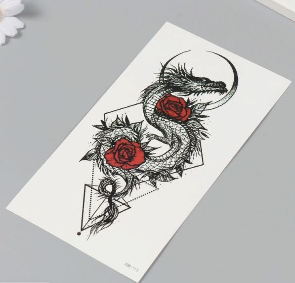 Фото Новогодняя татуировка на тело чёрная, цветная Дракон, розы и геометрия 11,4х21 см - магазин  "Домик Принцессы"