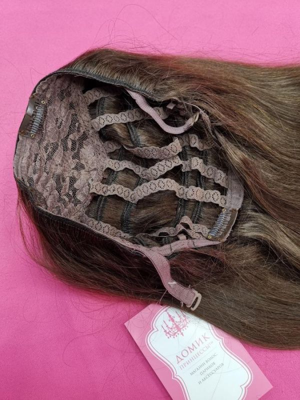 Фото Накладка из натуральных волос на заколках на затылочную зону 50см 200грамм цвет шоколад #4 - магазин  "Домик Принцессы"