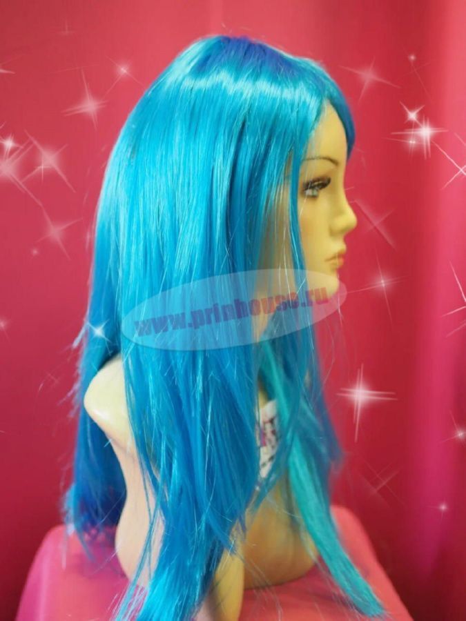 Фото Карнавальный парик ярко-голубой прямой с челкой - магазин  "Домик Принцессы"