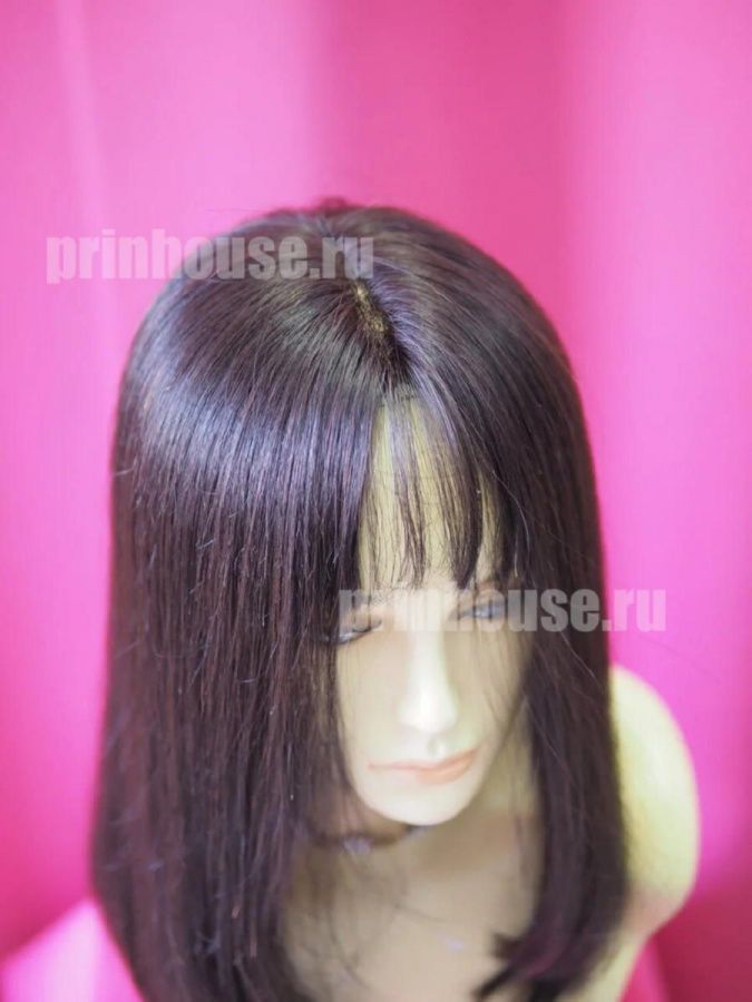 Фото Натуральный парик из славянских волос каскад средней длины с челкой цвет темный шоколад - магазин  "Домик Принцессы"