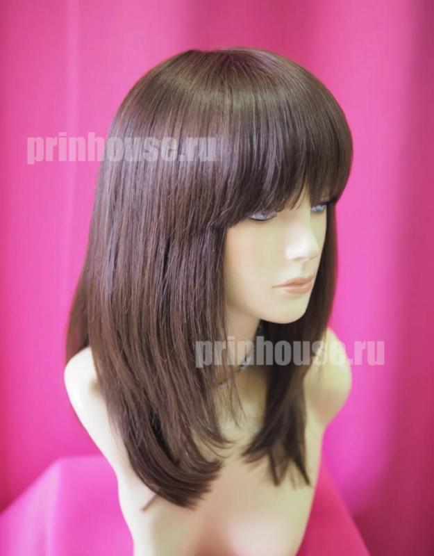 Фото Натуральный парик из славянских волос средней длины с челкой цвет шоколад - магазин  "Домик Принцессы"