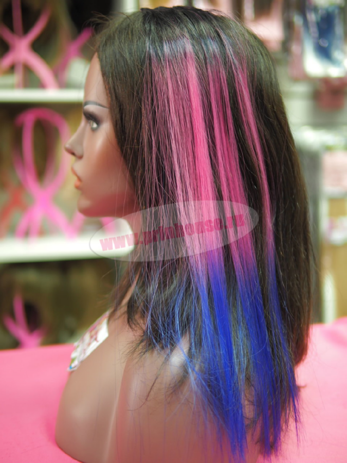 Фото Цветная прядь из искусственного волоса kanekalon прямой на клипсах омбре черная+розовая+синяя - магазин  "Домик Принцессы"
