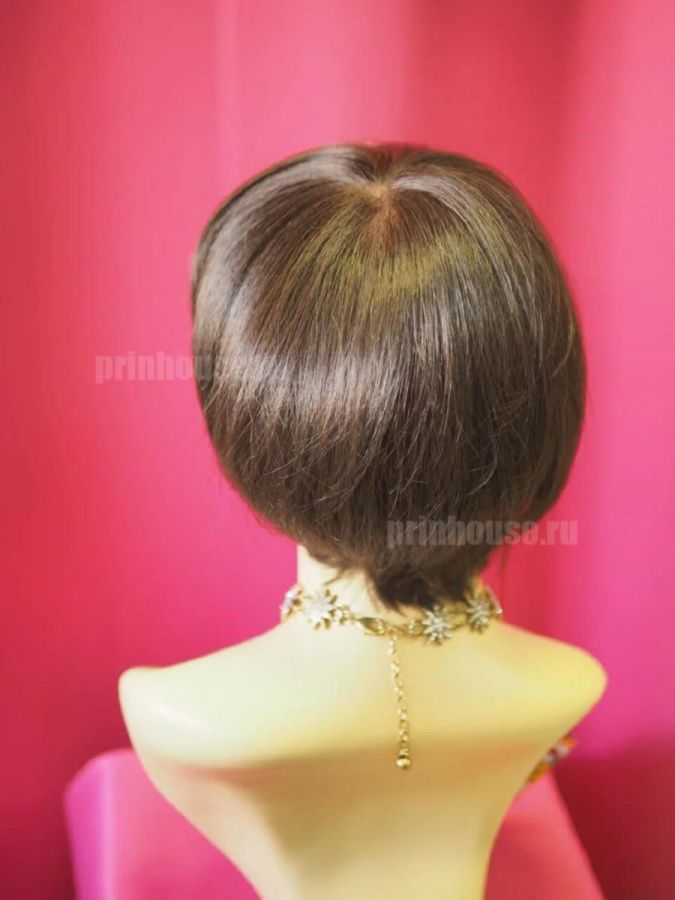 Фото Парик из натуральных волос на сетке короткая стрижка ассиметричное каре цвет 2 темный шоколад - магазин  "Домик Принцессы"