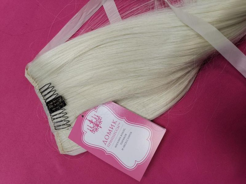 Фото Накладной хвост искусственный на ленте 50см цвет 613АО белоснежный блонд - магазин  "Домик Принцессы"