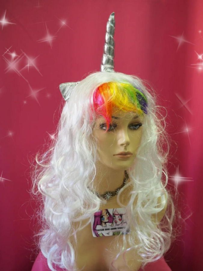 Фото Карнавальный парик Единорог с радужной чёлкой - магазин  "Домик Принцессы"