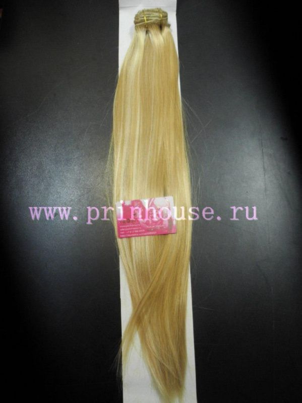 Фото Волосы на заколках искусственные 8 лент термо цвет 24bt613 мелированый блонд 60см - магазин  "Домик Принцессы"