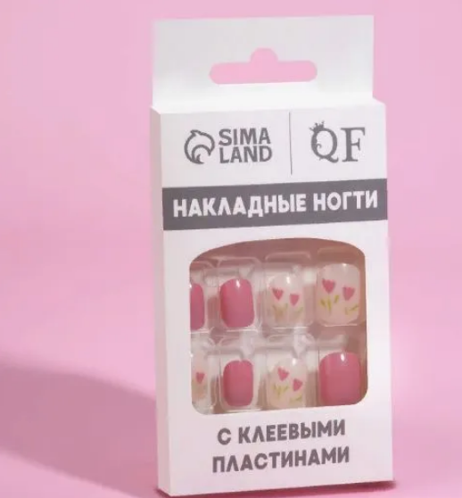 Фото Накладные ногти с клеевыми пластинами форма квадрат с сердечками 12 шт - магазин  "Домик Принцессы"