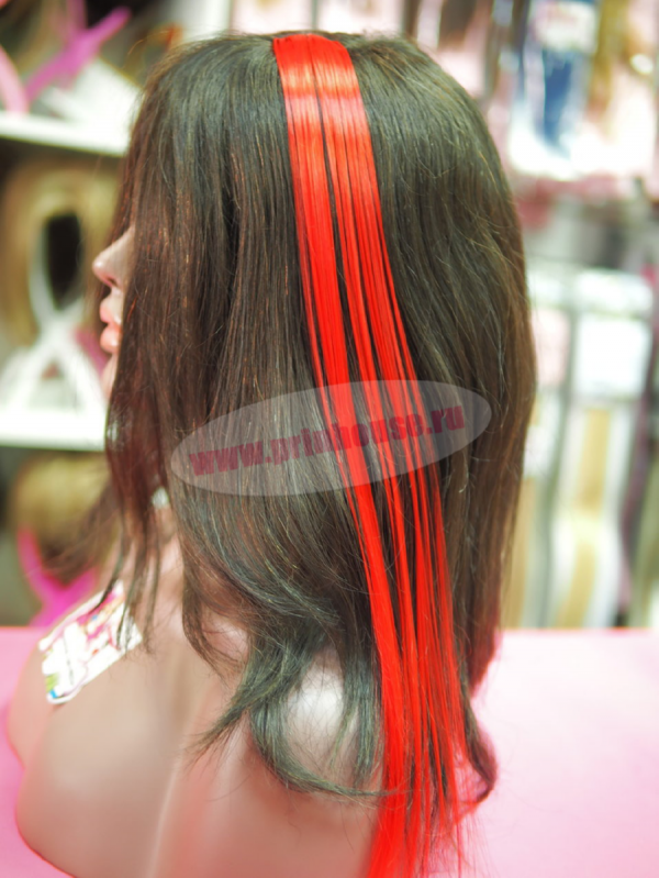 Фото Цветная узкая прядь на заколке цвет красный - магазин  "Домик Принцессы"