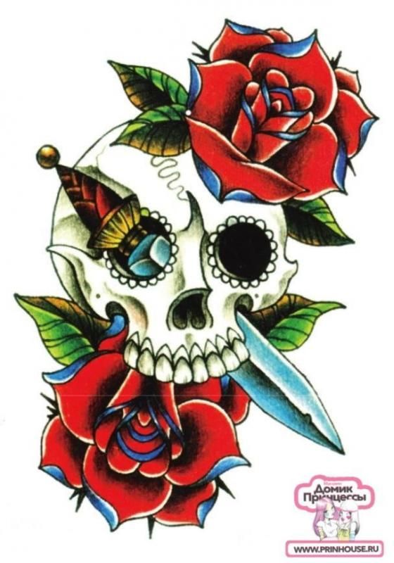 Фото Временная татуировка веселый череп с ножом и красными розами - магазин  "Домик Принцессы"