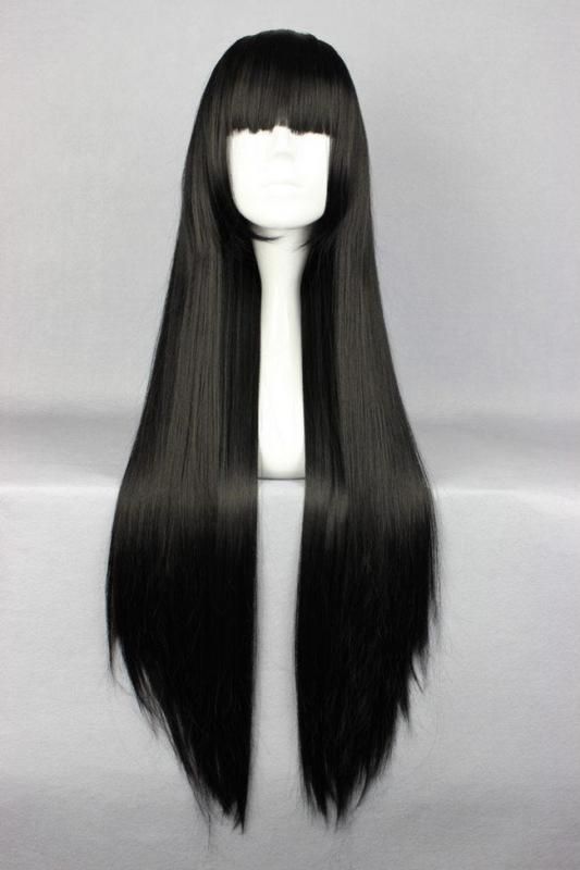 Фото Парик искусственный косплей с челкой СУПЕР длинные ровные прямые волосы черного цвета арт.001I - магазин  "Домик Принцессы"